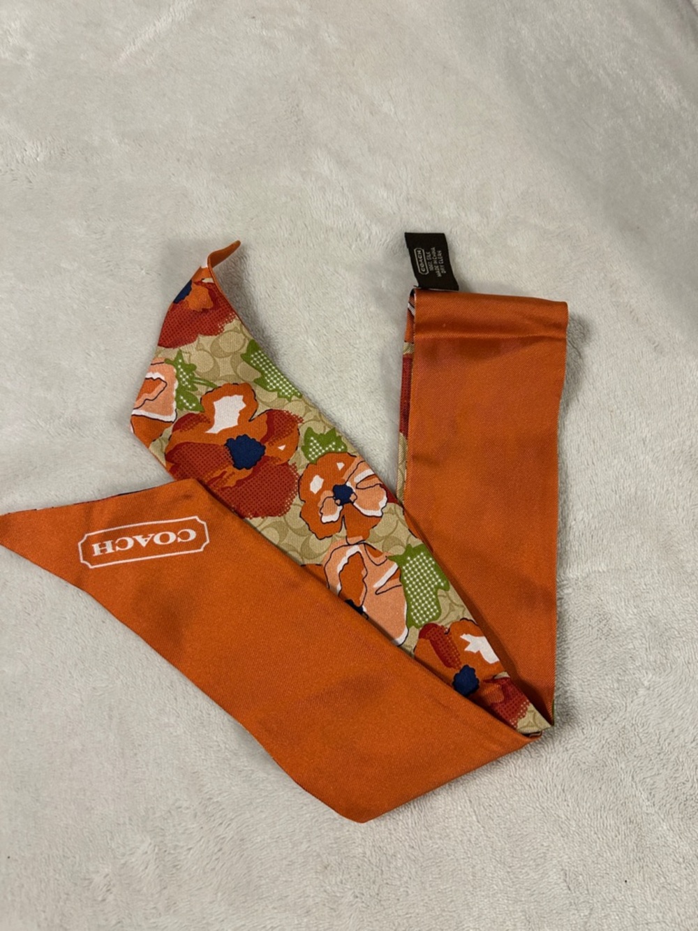 Coach Floral Silk twilly scarf in Orange, Navy & Cream - Picture 3 of 4